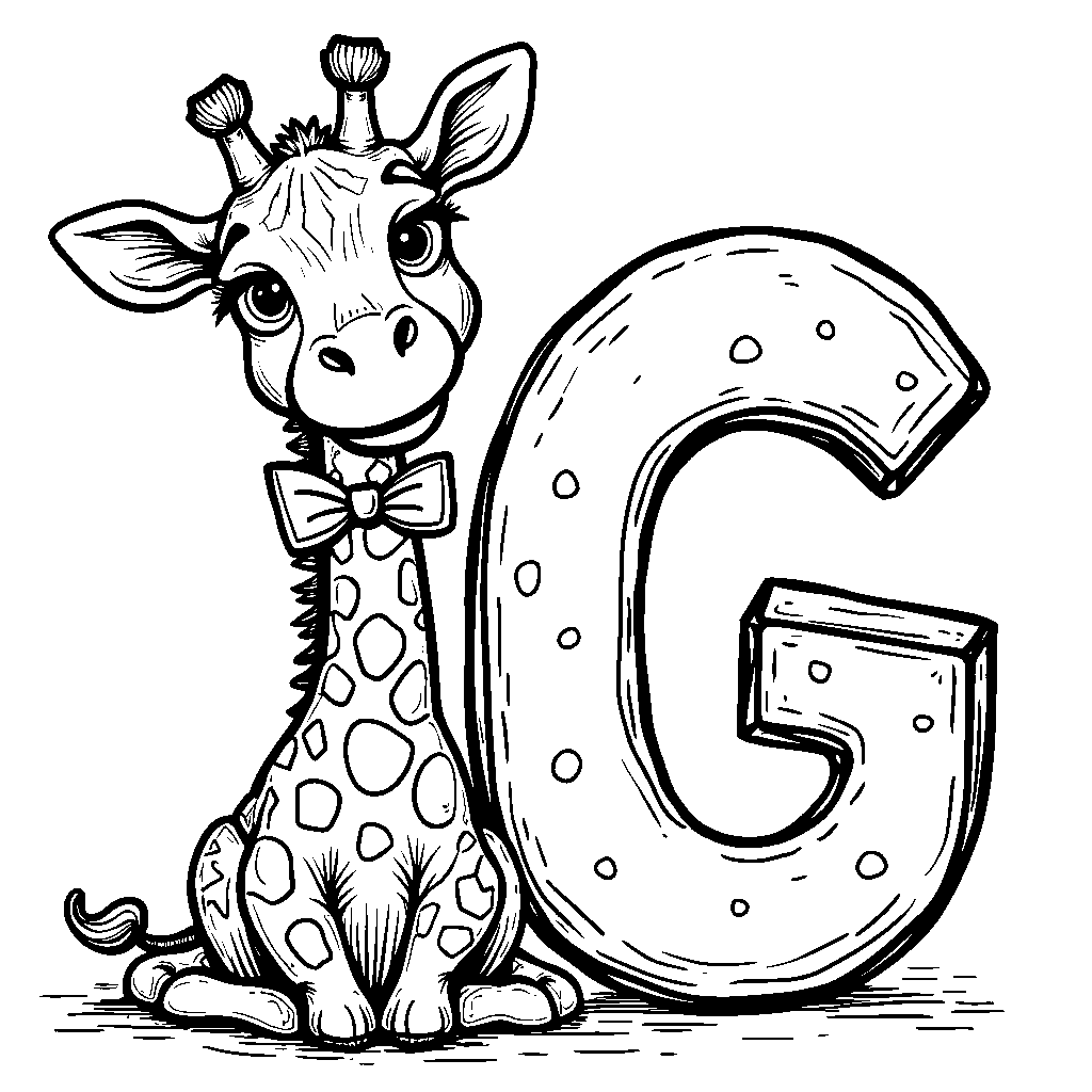 A giraffe wearing a bow tie next to a letter G