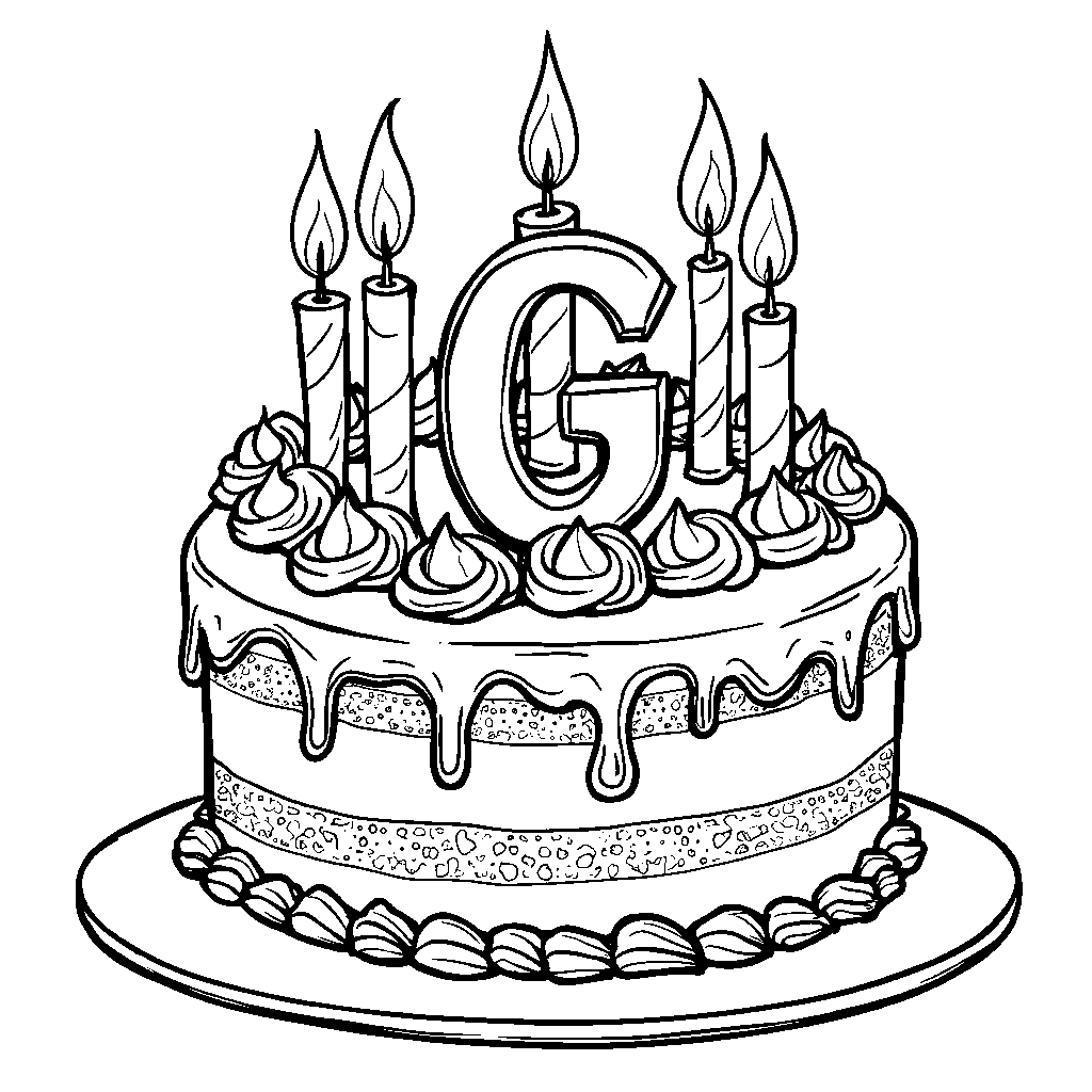 A glittering G on a birthday cake with candles