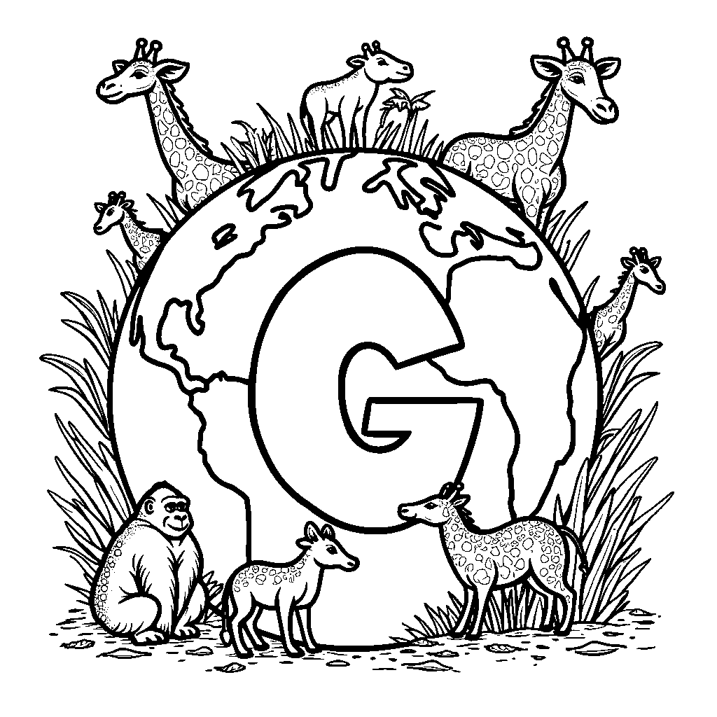 A globe with animals that start with the letter G