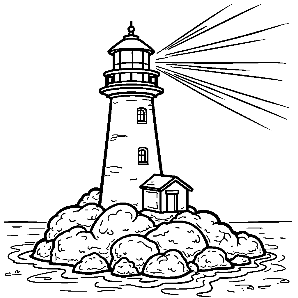 A glowing G-shaped lighthouse with a bright beam of light