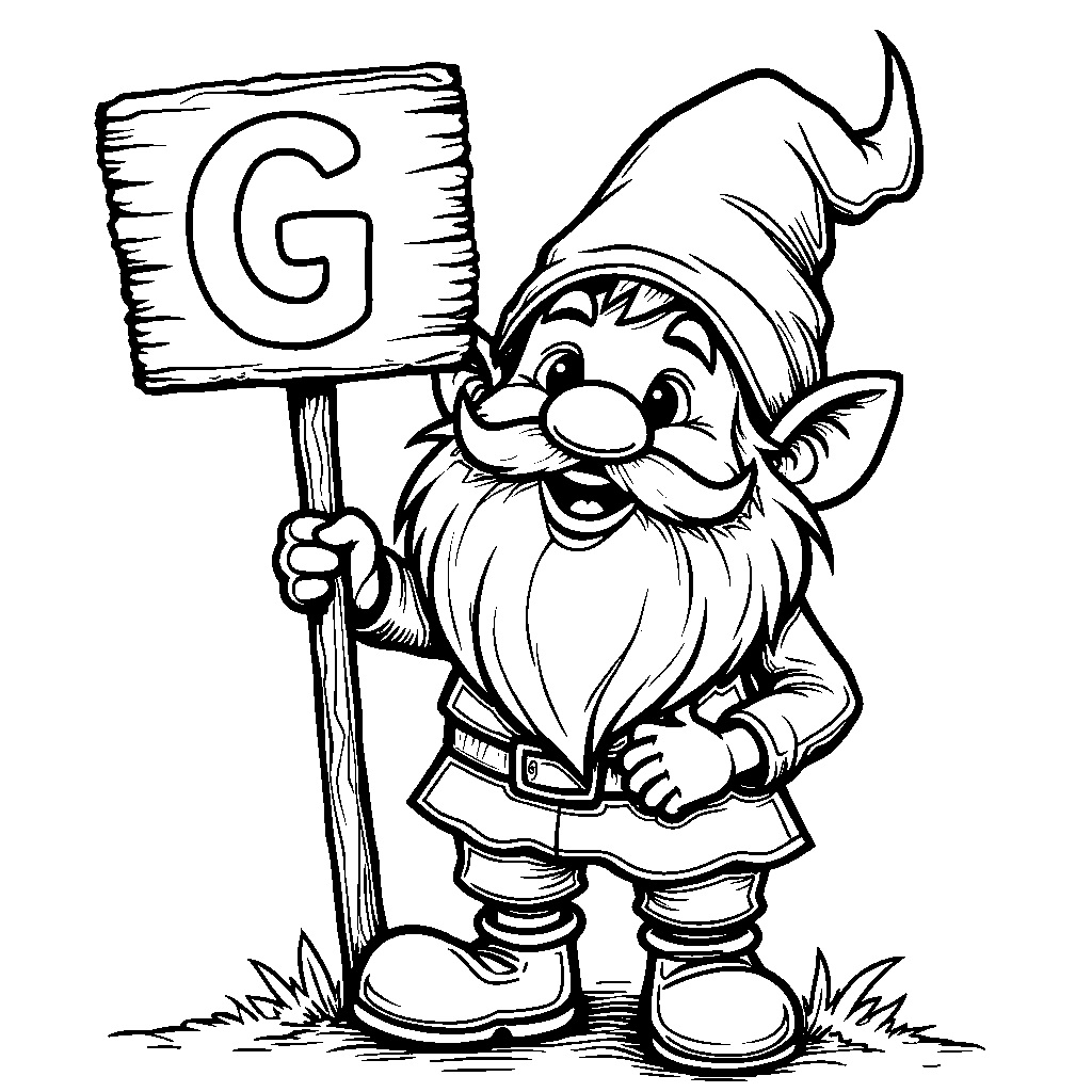 A gnome holding a sign with the letter G