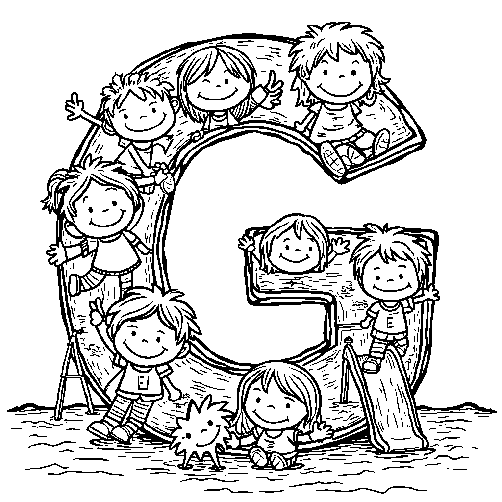 A group of children on a playground shaped like the letter G