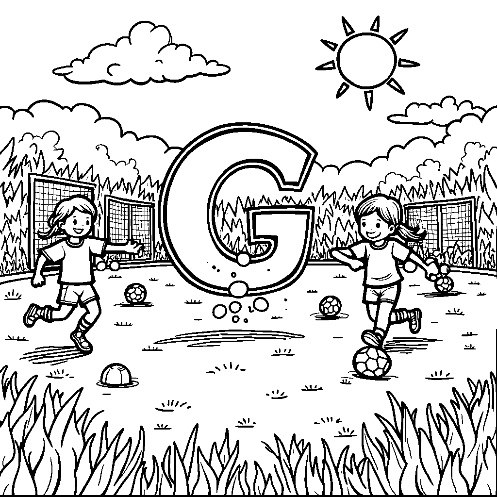 A sports field with kids playing around a big letter G