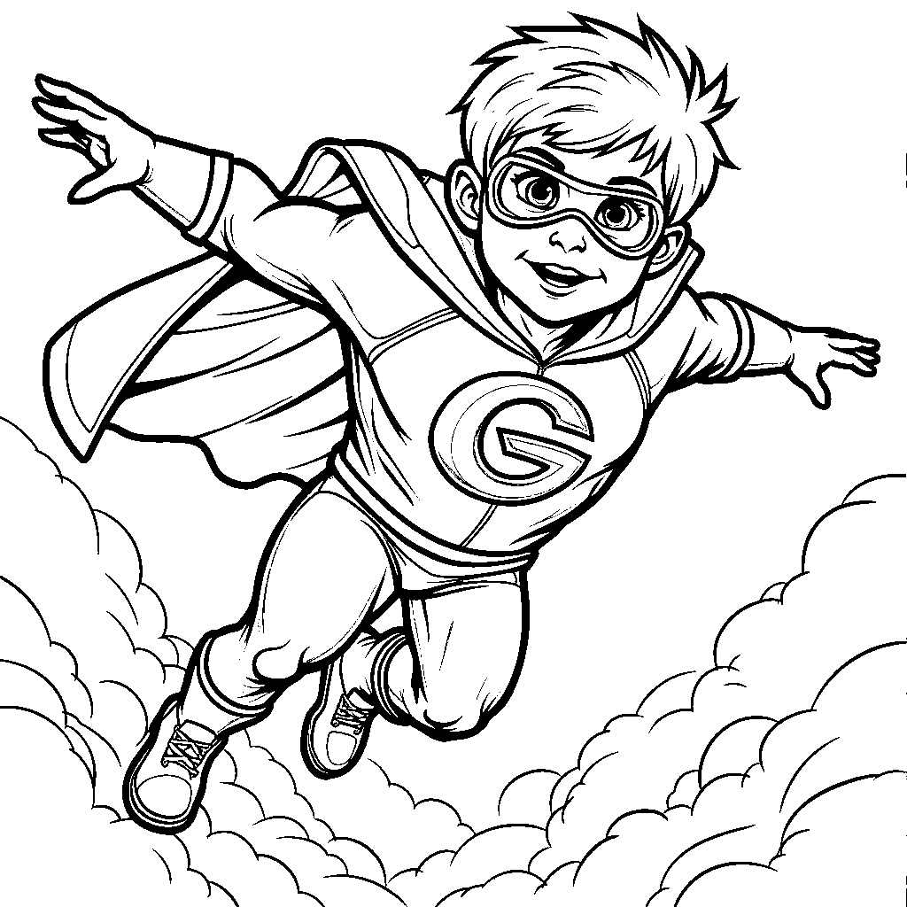 A superhero with a G on their chest flying through the sky