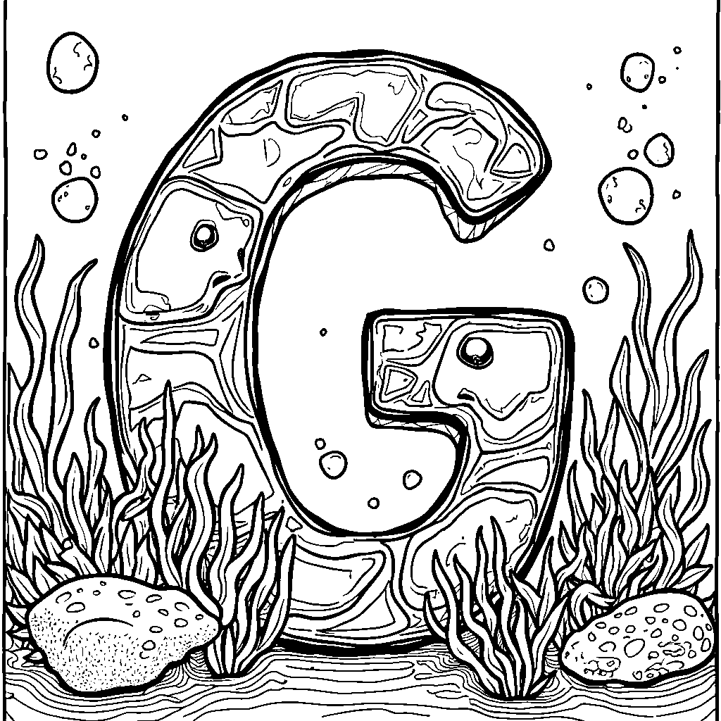 An underwater scene with a fish shaped like the letter G