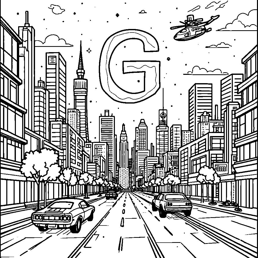 A futuristic cityscape with a glowing letter G in the sky