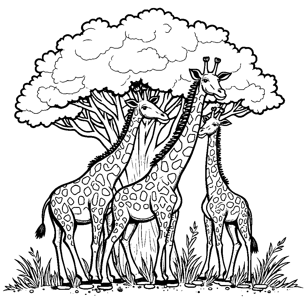 Giraffes grazing under a tree shaped like the letter G