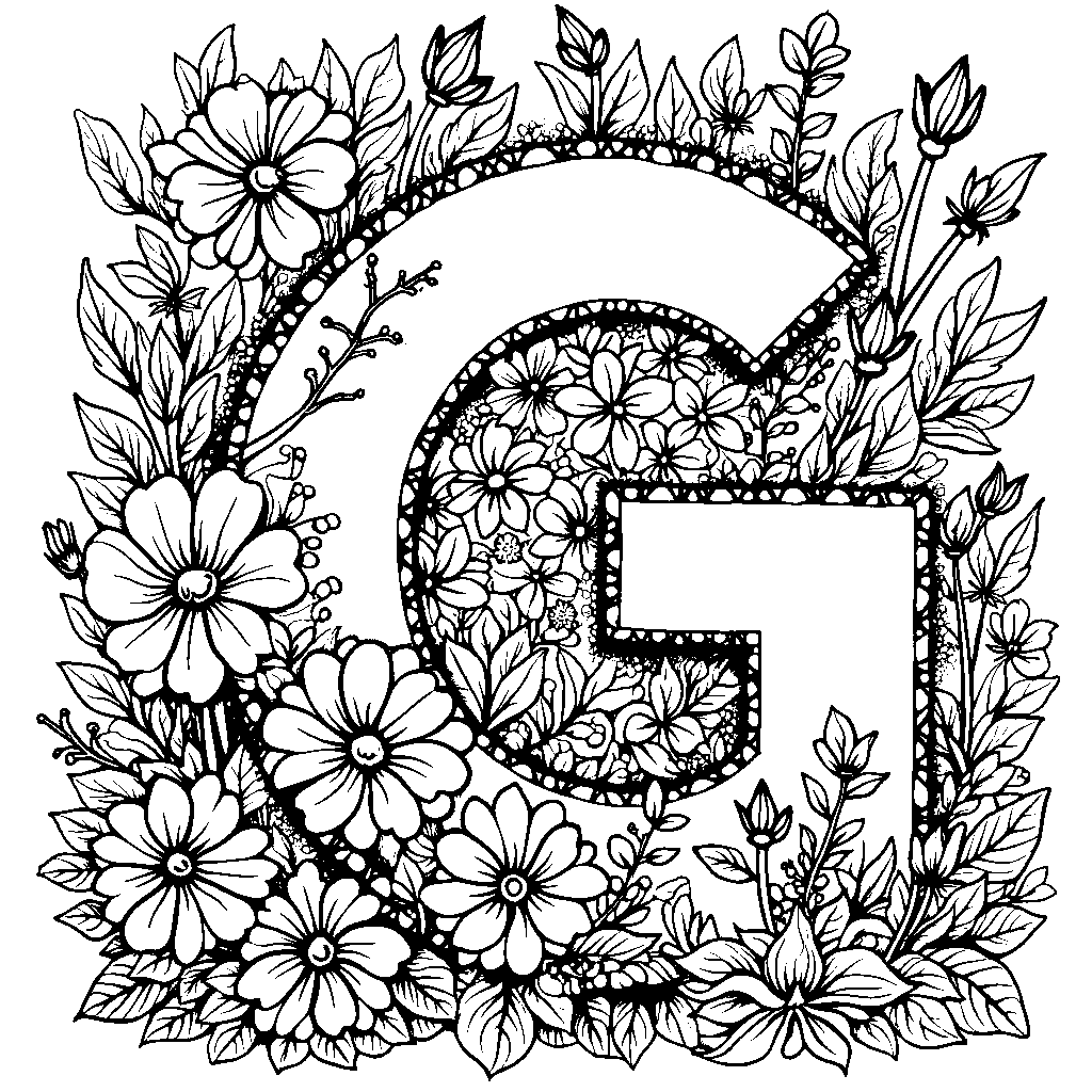 The letter G surrounded by a garden of flowers