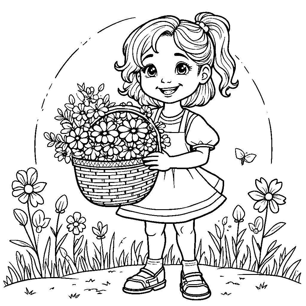 Girl Holding a Basket of Flowers