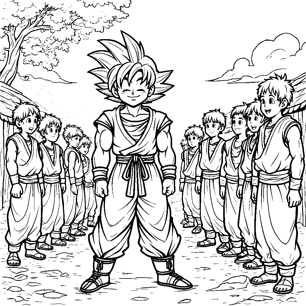 Goku helping distressed villagers with a friendly smile