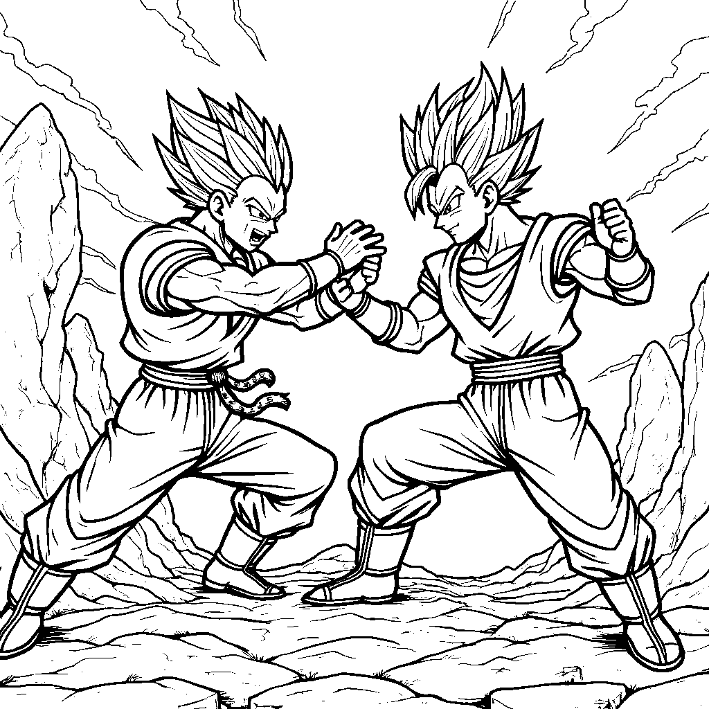 Goku and Vegeta training together in a rocky landscape