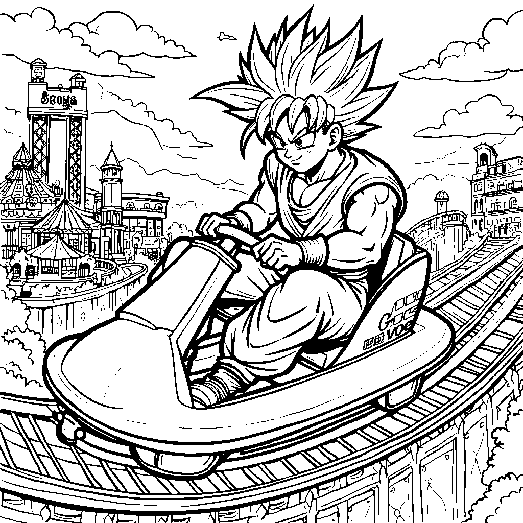 Goku at a fun-filled amusement park, riding a roller coaster