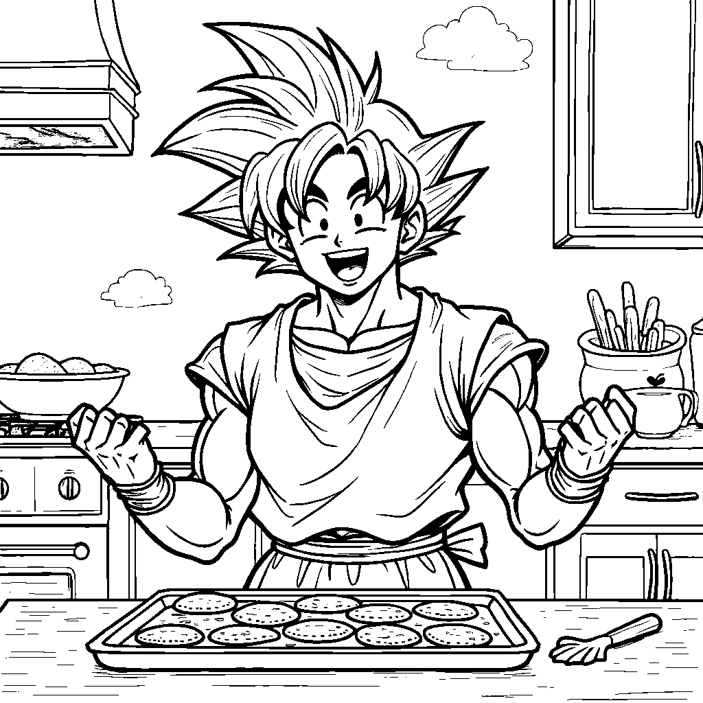 Goku baking cookies with his succulent smile