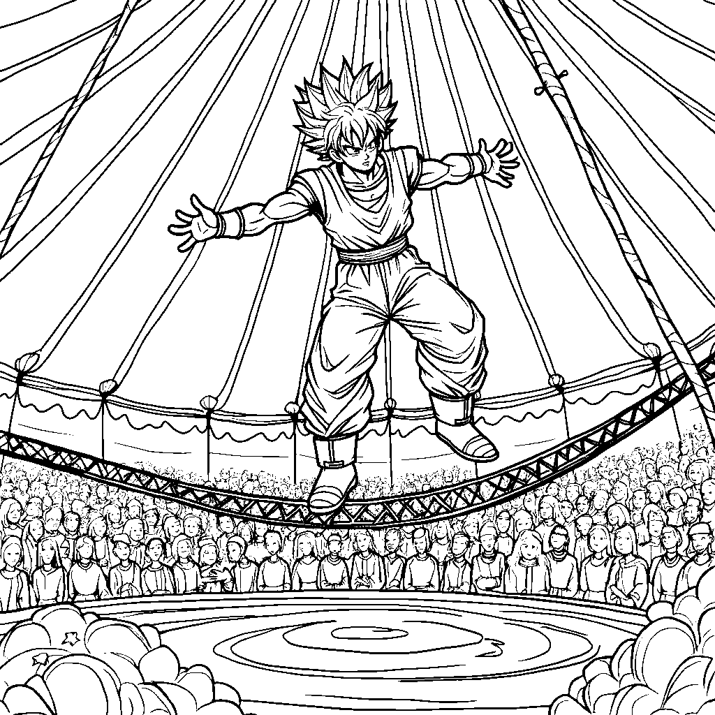 Goku balancing on a tightrope like a circus performer