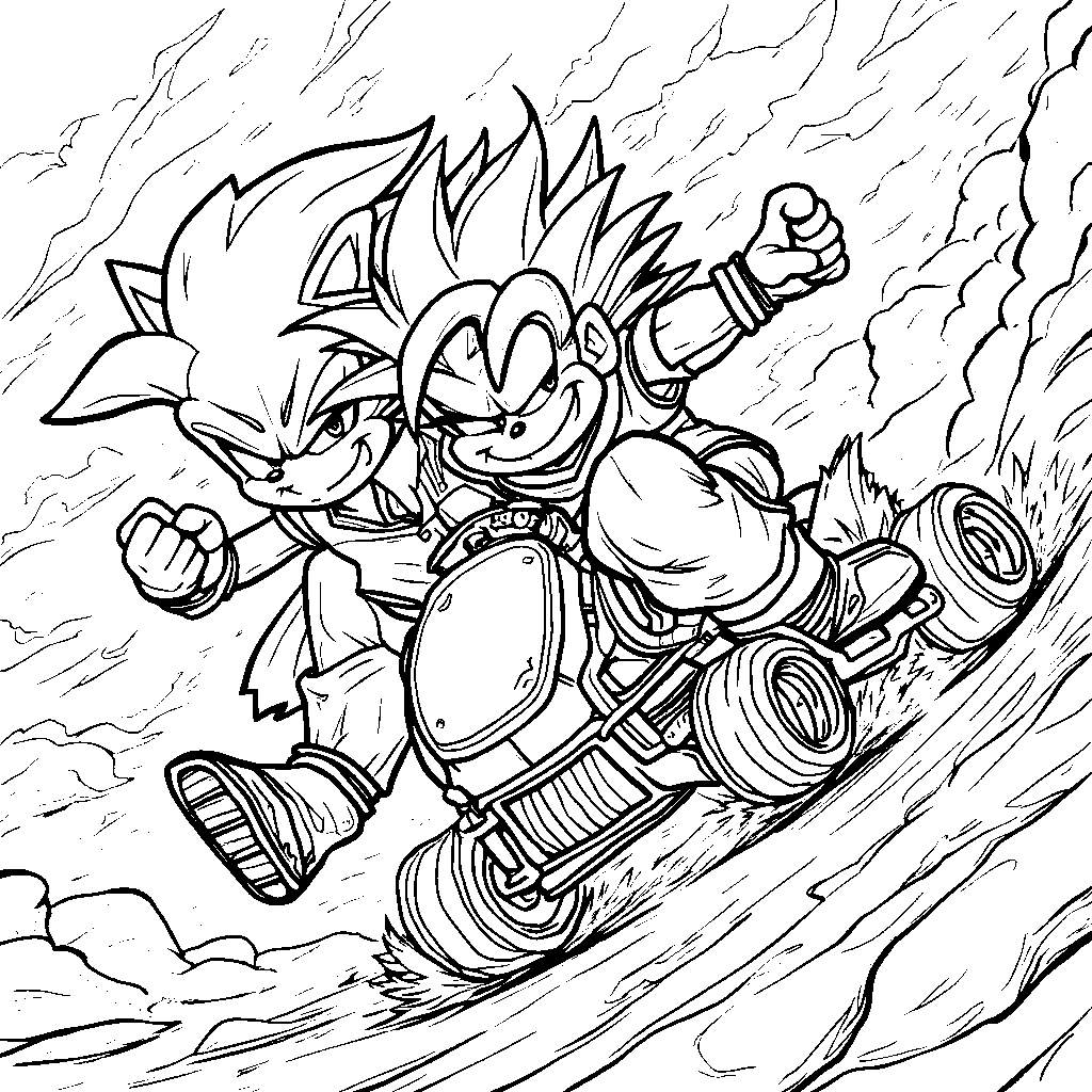 Goku competing in a friendly race against Sonic the Hedgehog