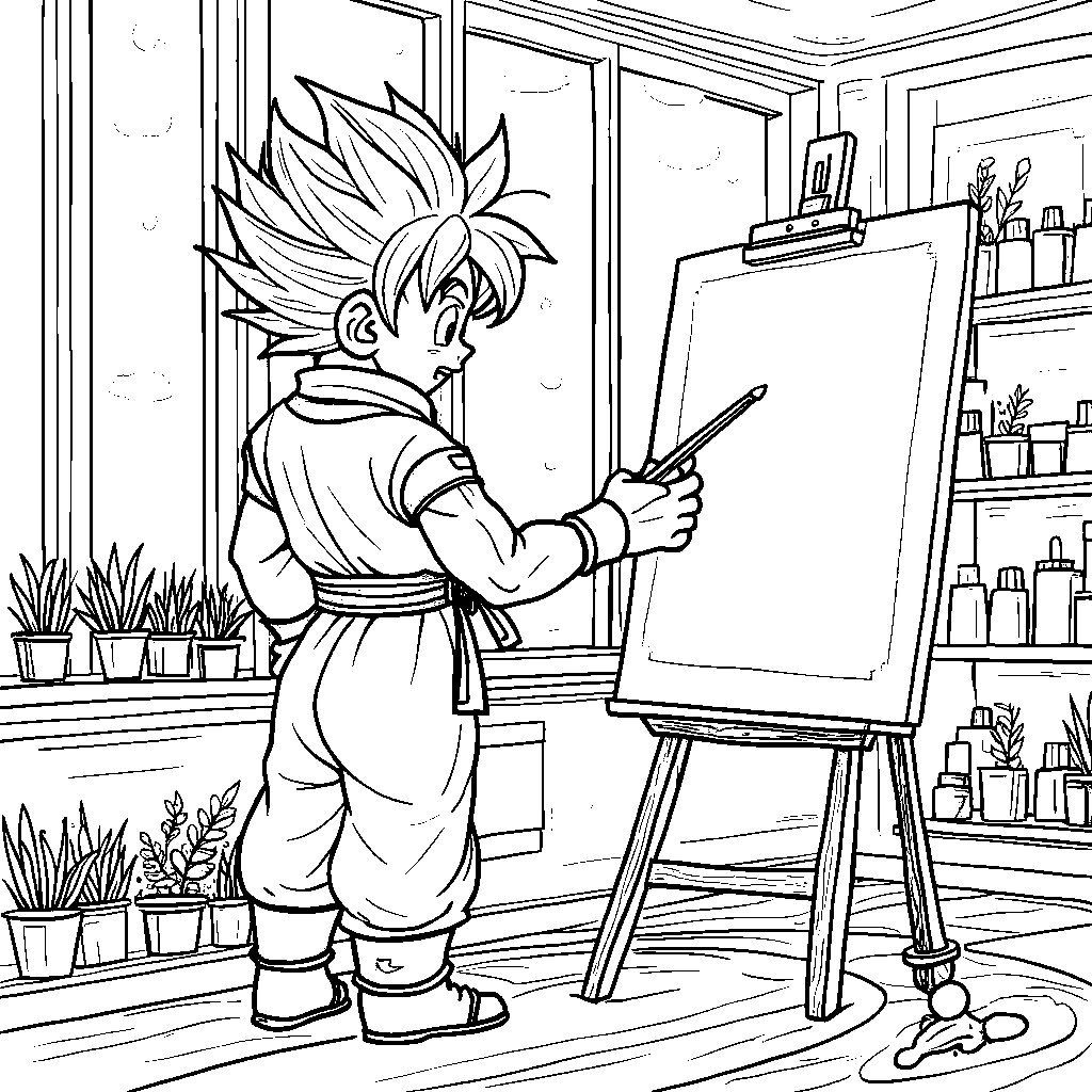 Goku creating art in a vibrant art studio setting