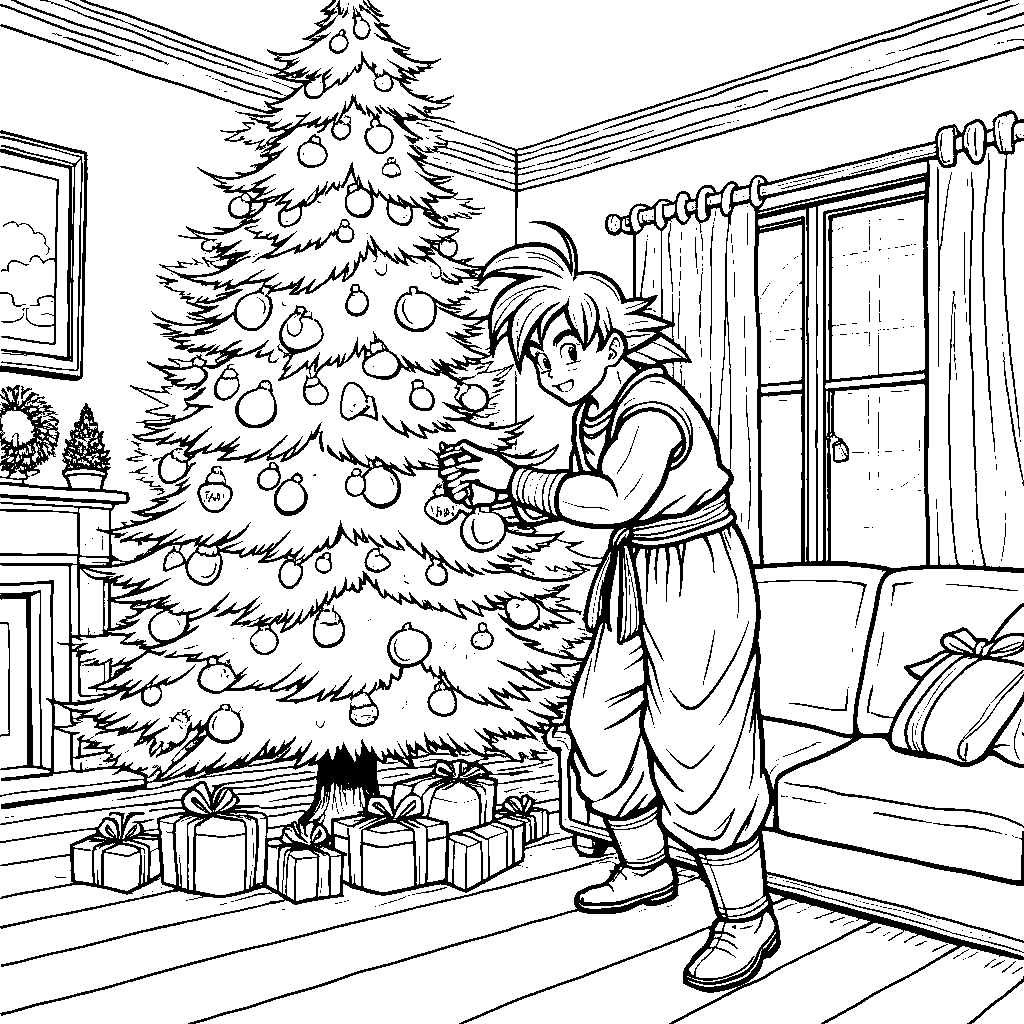 Goku decorating the Christmas tree with friends