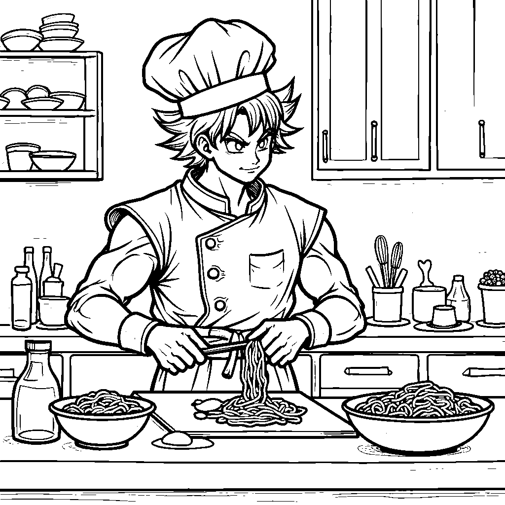 Goku dressed in a professional chef's outfit cooking noodles