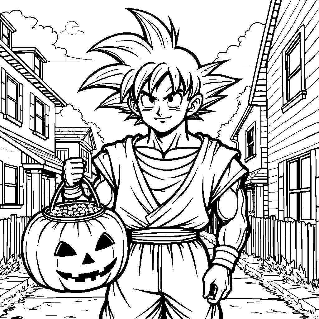 Goku dressed in Halloween costume trick-or-treating