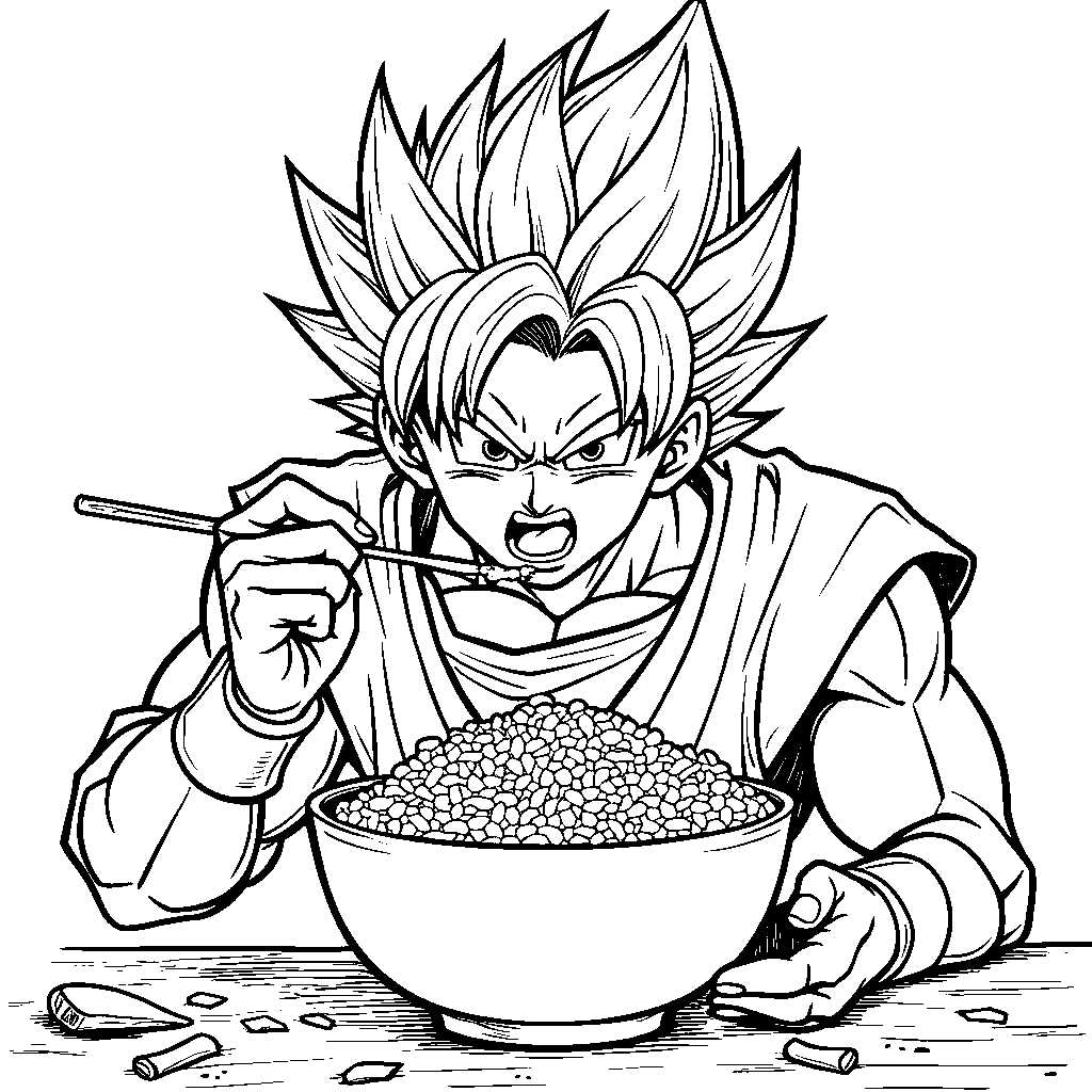 Goku eating a giant bowl of rice