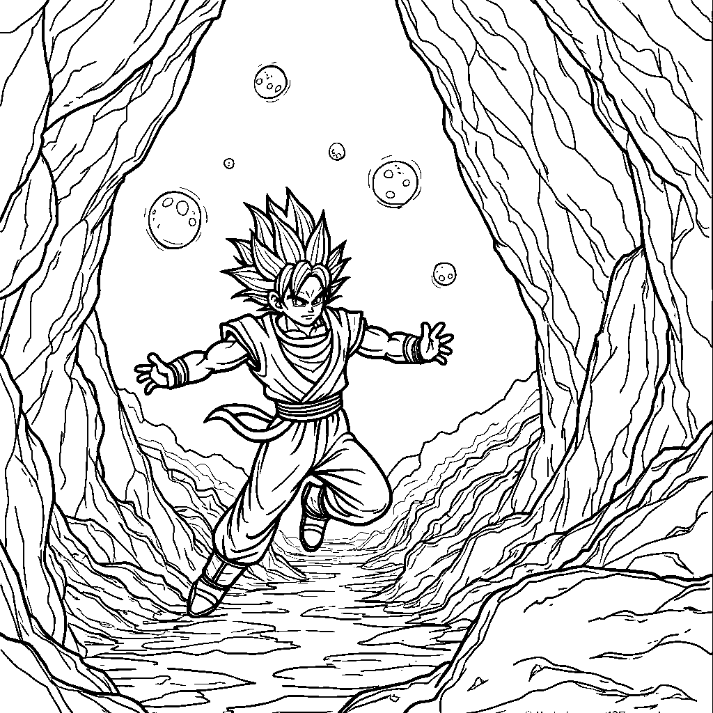 Goku exploring a mysterious cave filled with Dragon Balls