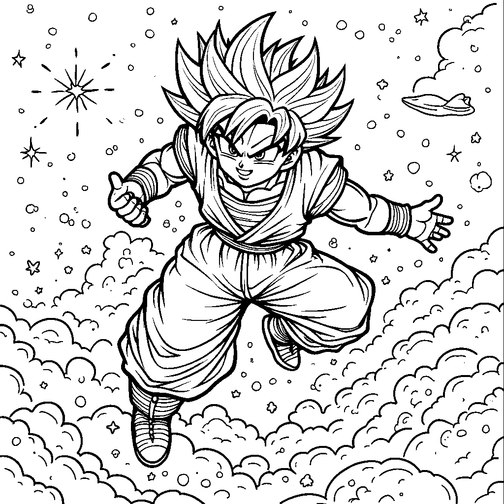 Goku exploring outer space in a rocket ship