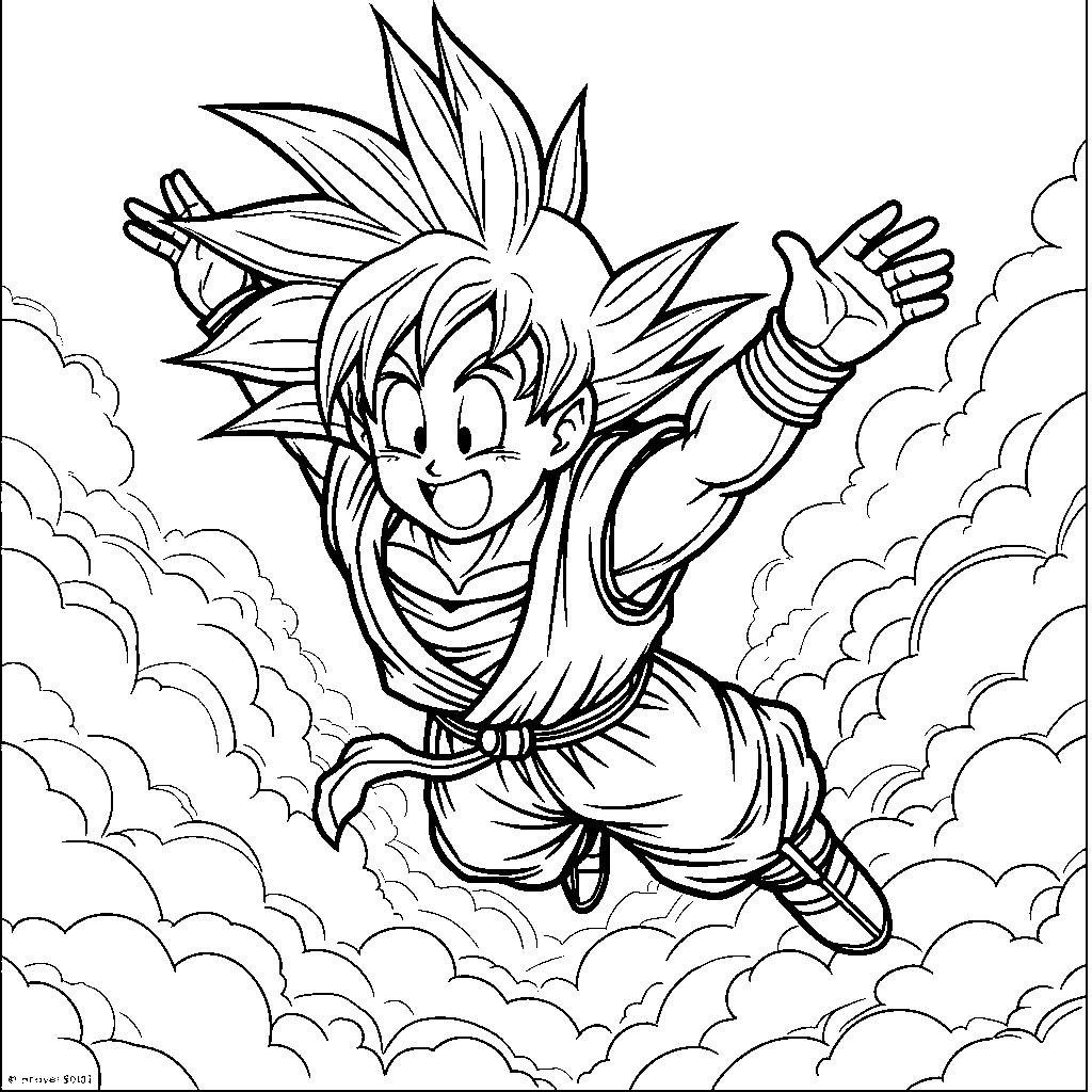 Goku flying high above the clouds with a joyful expression