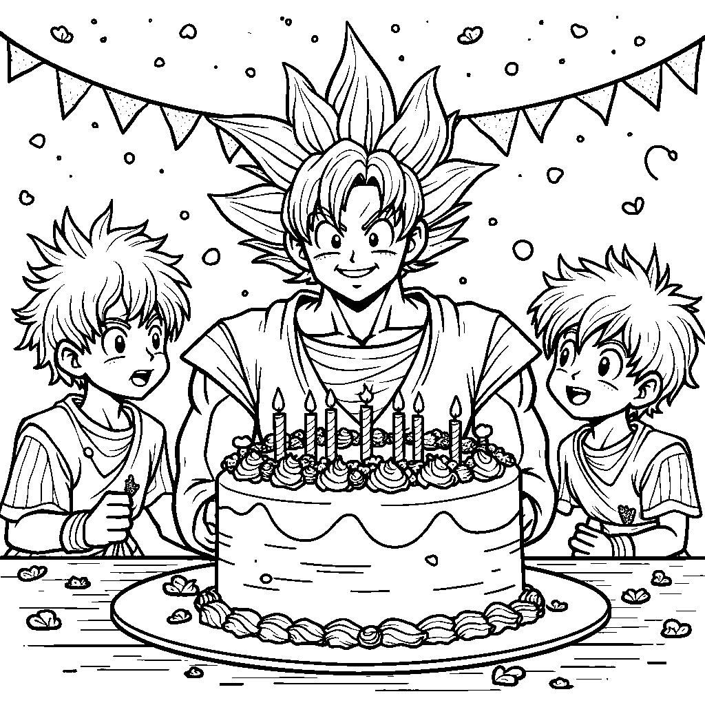 Goku getting surprised by a birthday cake surprise