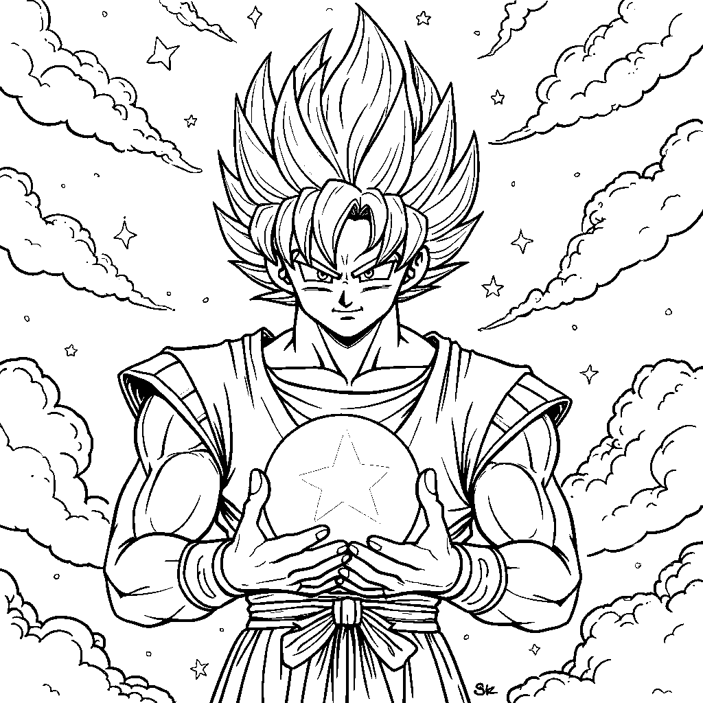 Goku holding a Dragon Ball with stars shining brightly