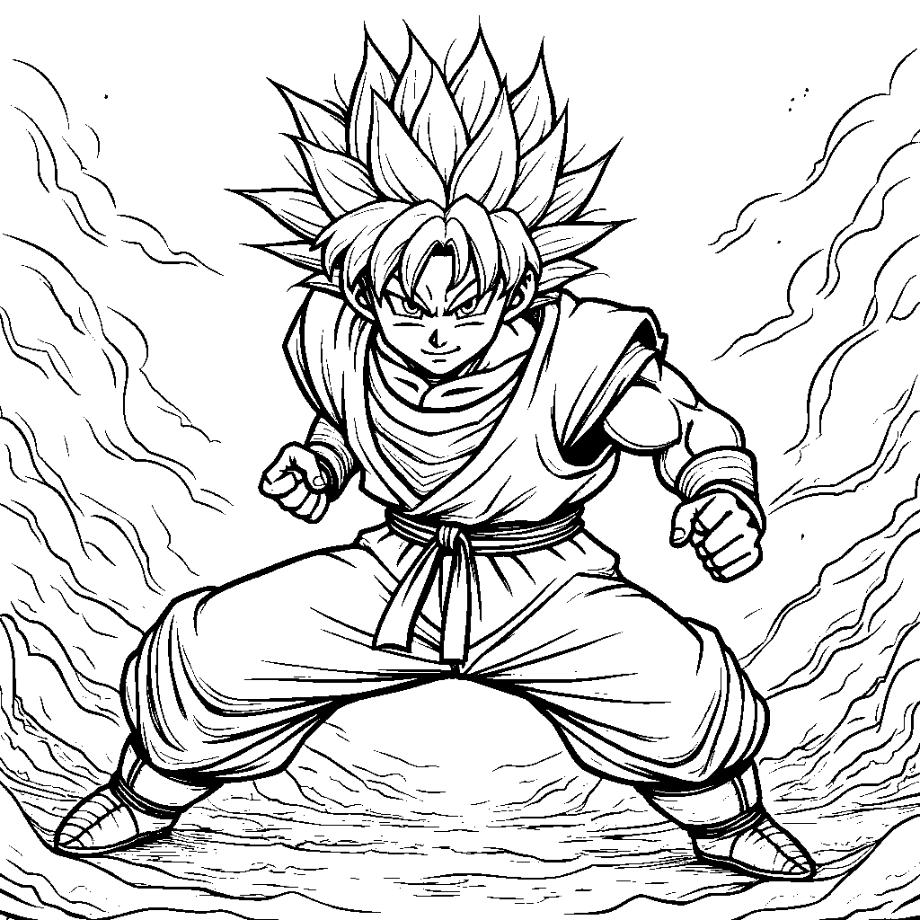 Goku in a fierce battle stance with a bright backdrop