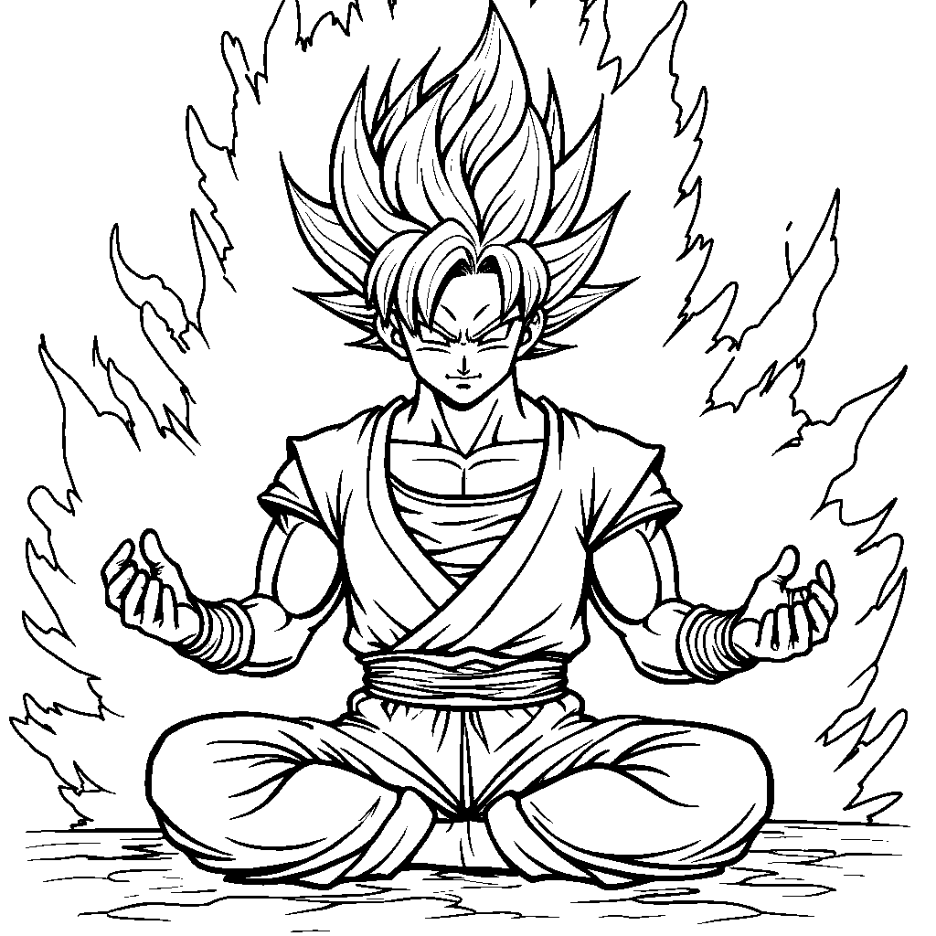 Goku in a meditative pose with a radiant energy aura