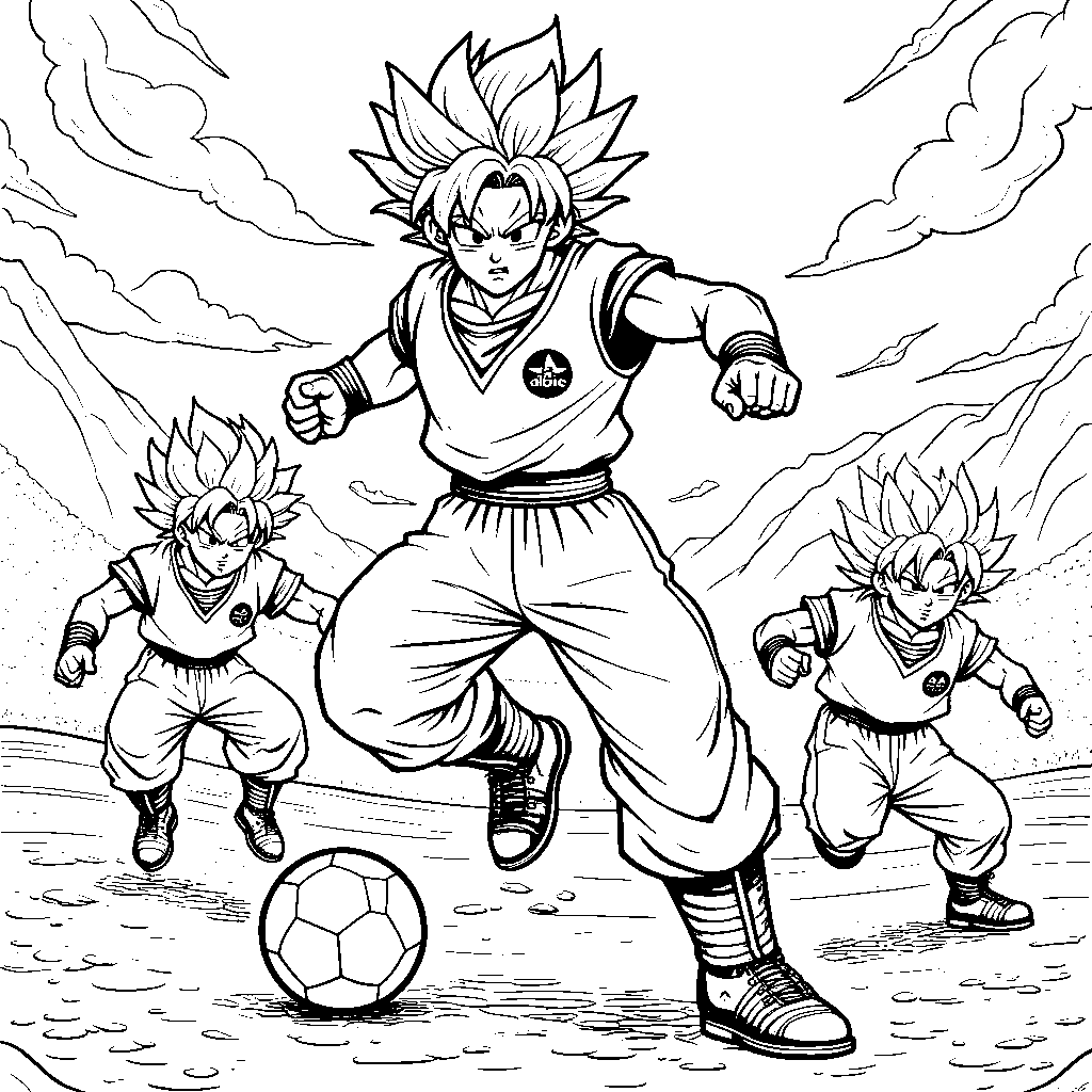 Goku in a sports outfit playing soccer with friends