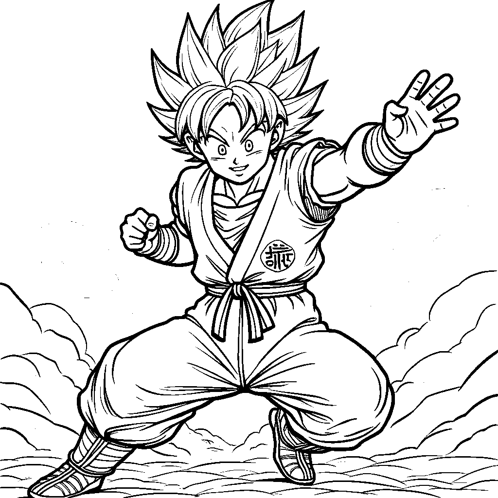 Goku in his classic orange gi doing a victory pose