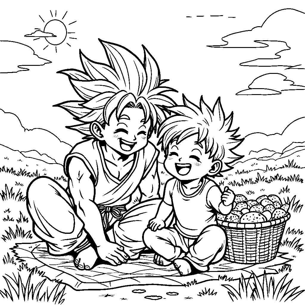 Goku laughing with his son Goten at a picnic