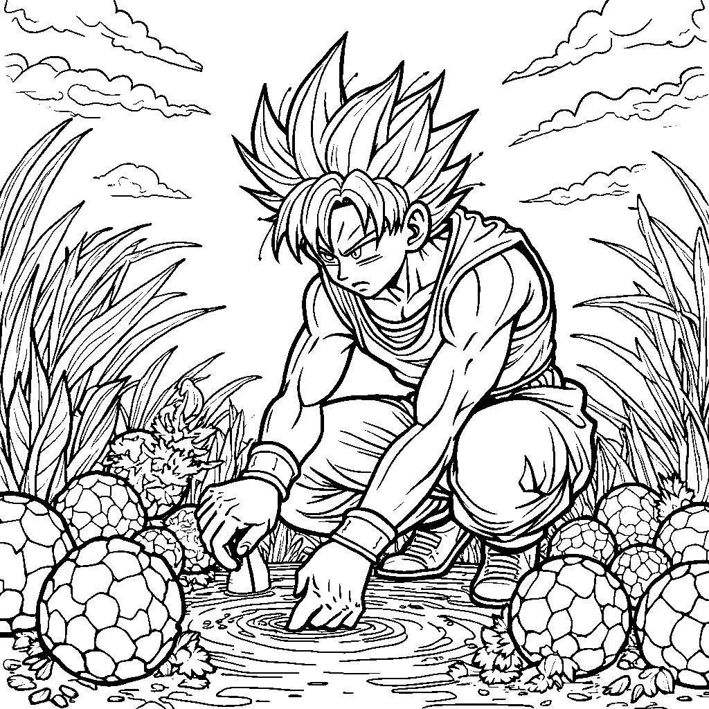 Goku planting a garden full of Dragon Fruit