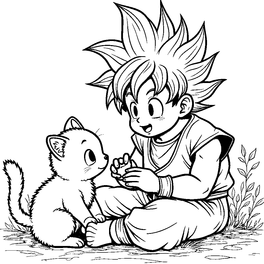 Goku playing with his pet cat, Goku the cat