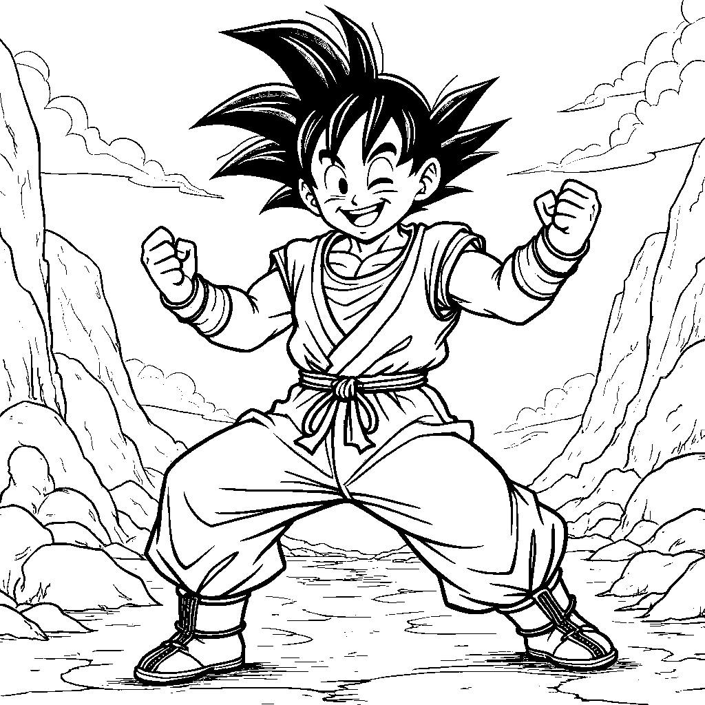 Goku practicing martial arts with a big smile