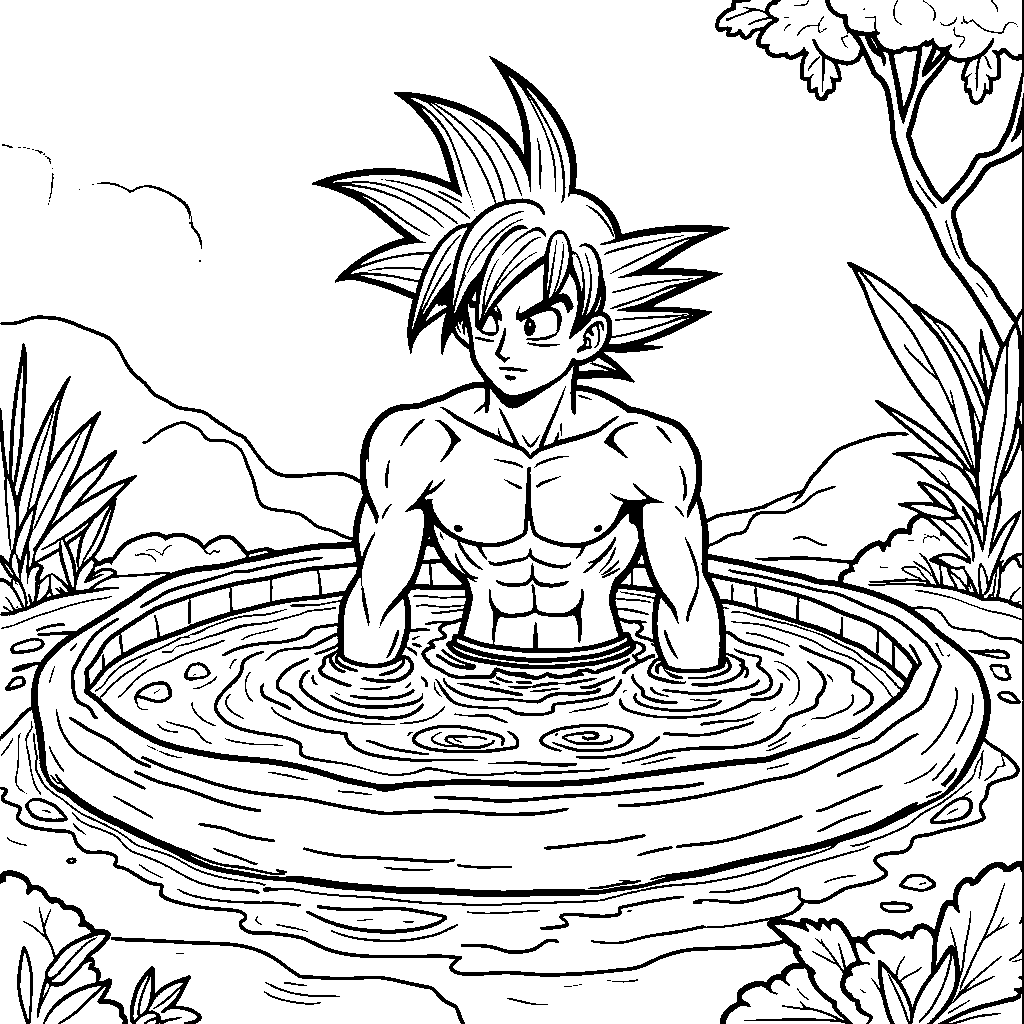 Goku relaxing in a hot spring with steam rising around