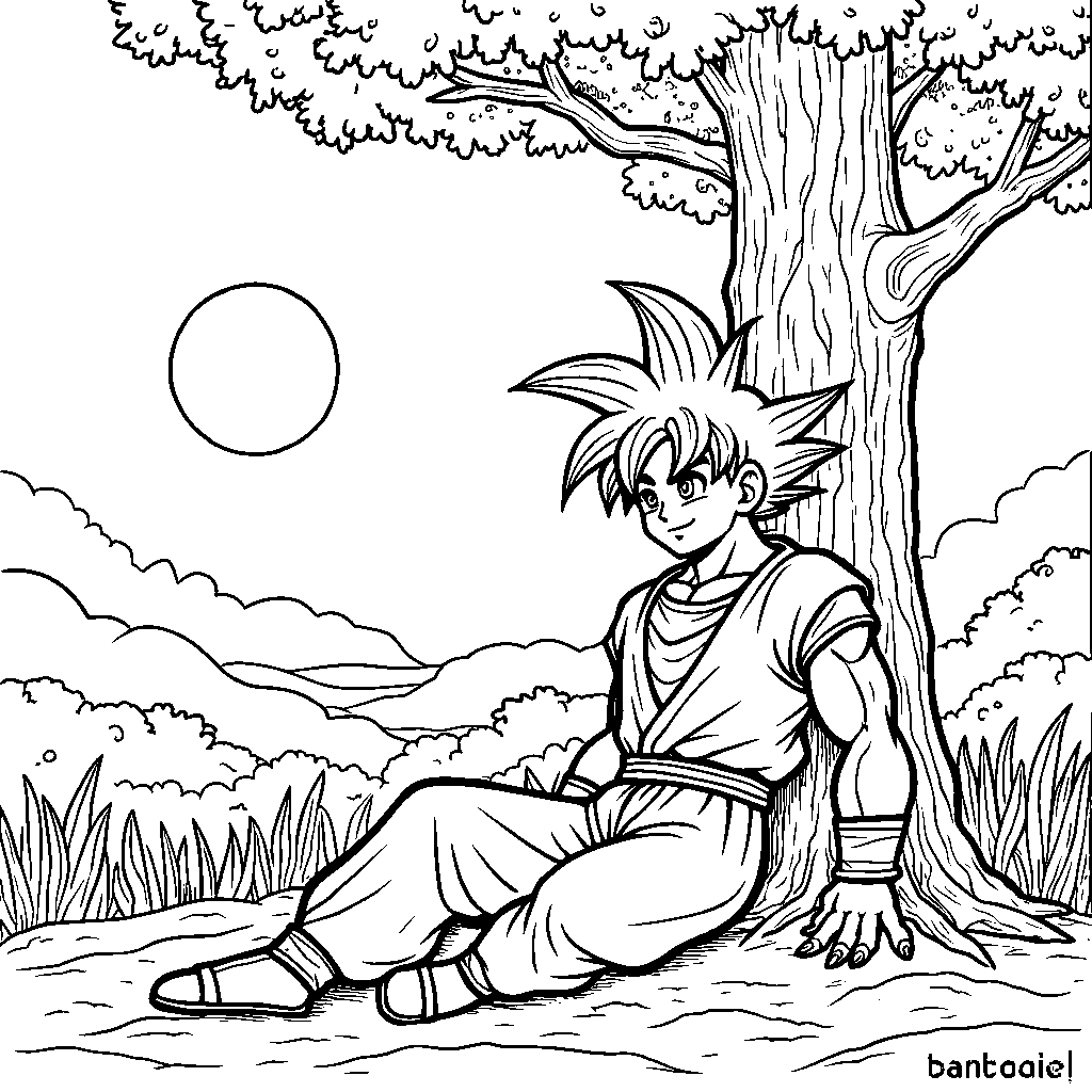 Goku relaxing under a tree with a happy expression