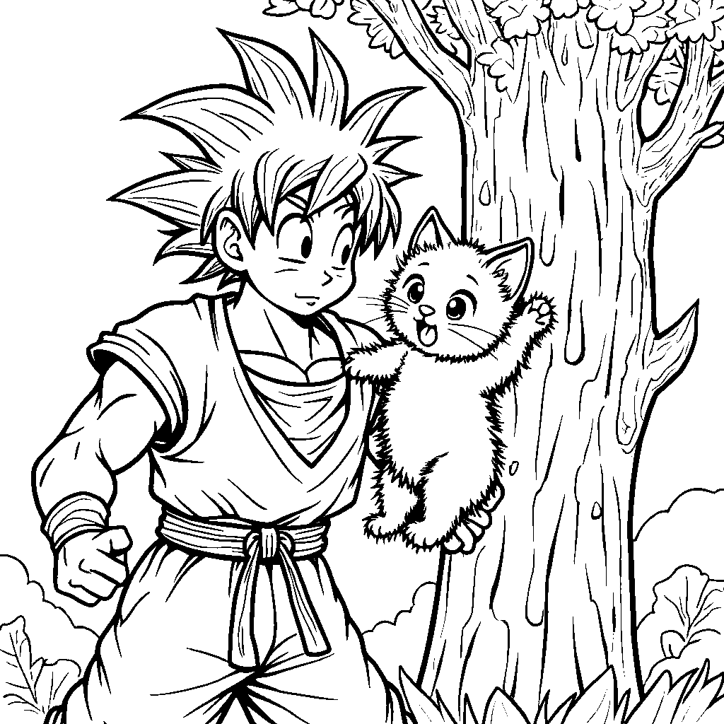 Goku rescuing a kitten stuck in a tree