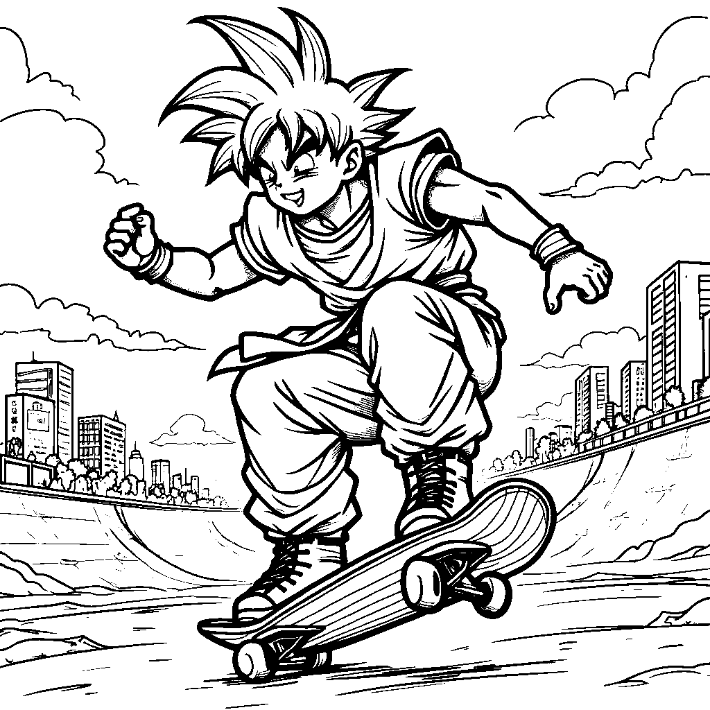 Goku riding a skateboard with a cool attitude