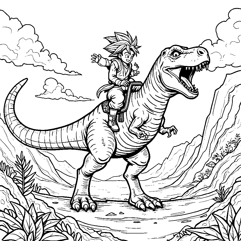 Goku riding on a giant dinosaur for a fun adventure