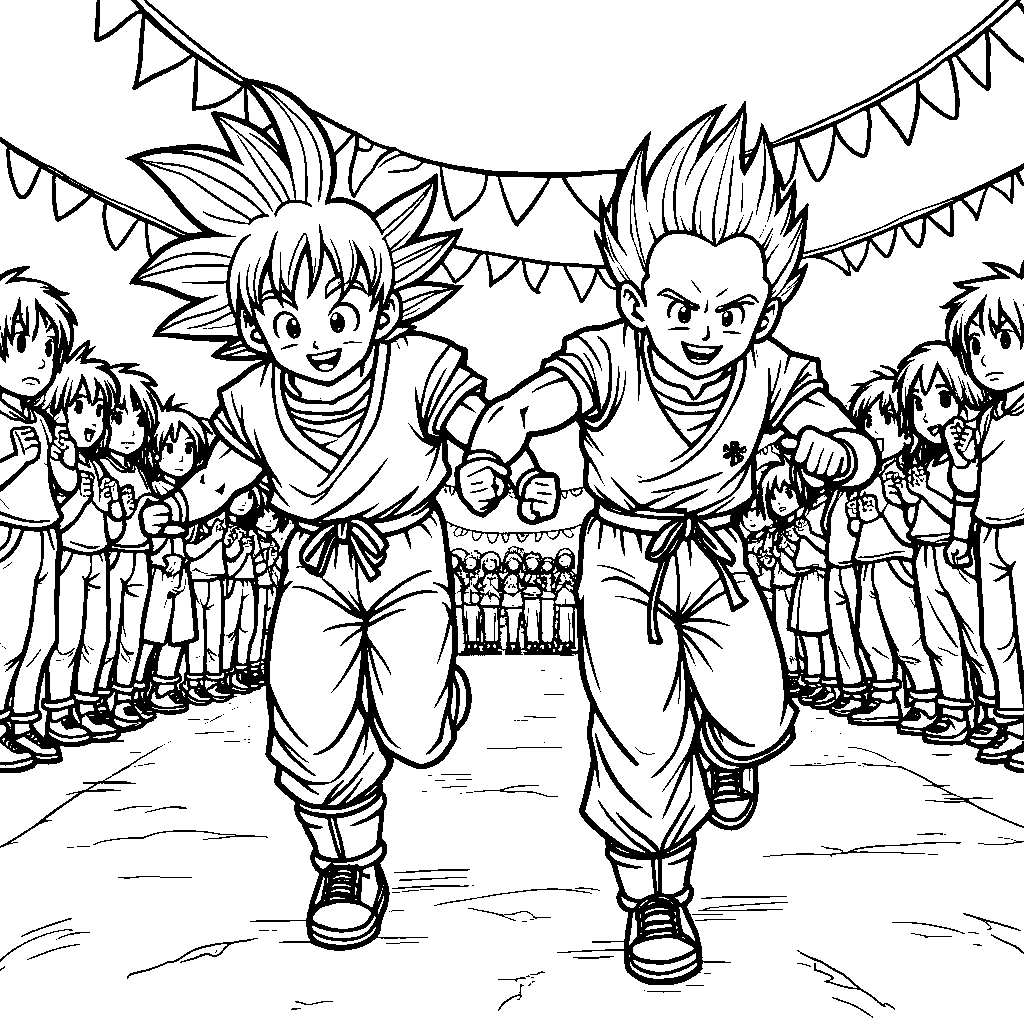 Goku running a three-legged race with Krillin at a school event