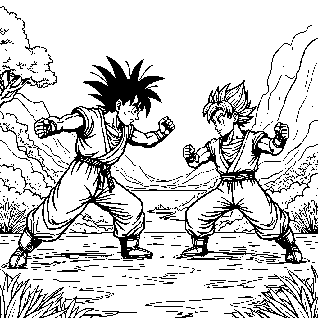 Goku sparring with Piccolo in a scenic training area