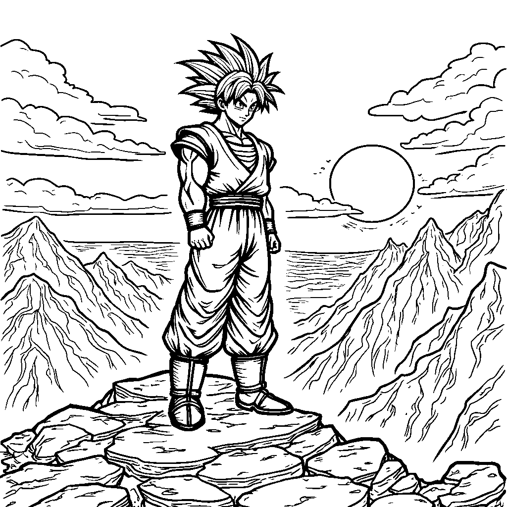 Goku standing on a mountain peak with a sunset backdrop