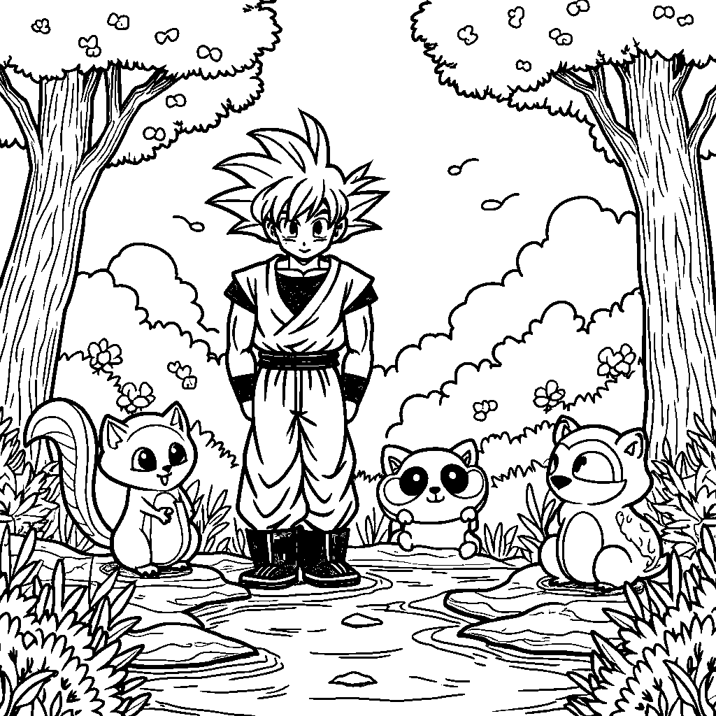 Goku surrounded by cheerful animals in a lush forest