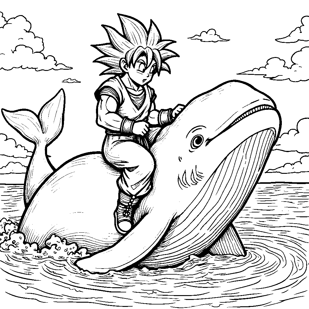 Goku taking a ride on a friendly whale at the beach