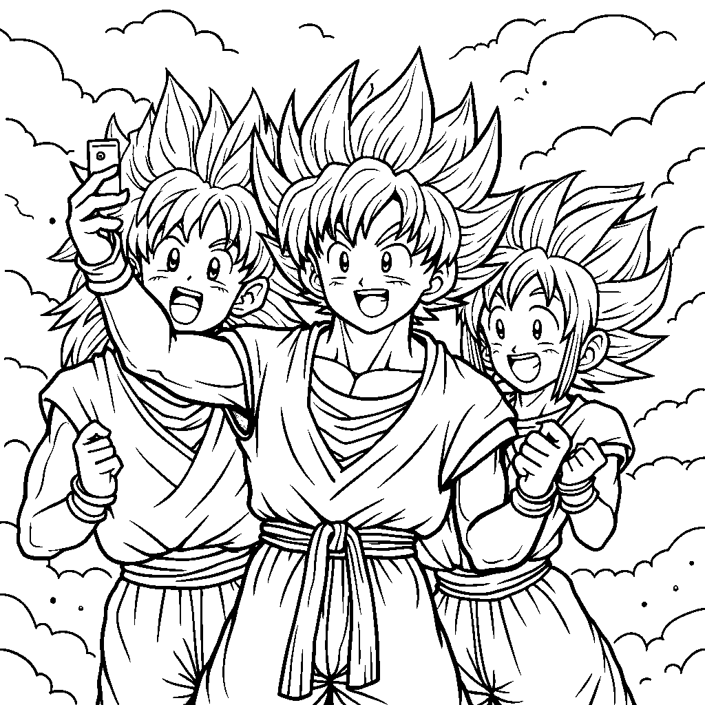 Goku taking a selfie with his friends in the clouds