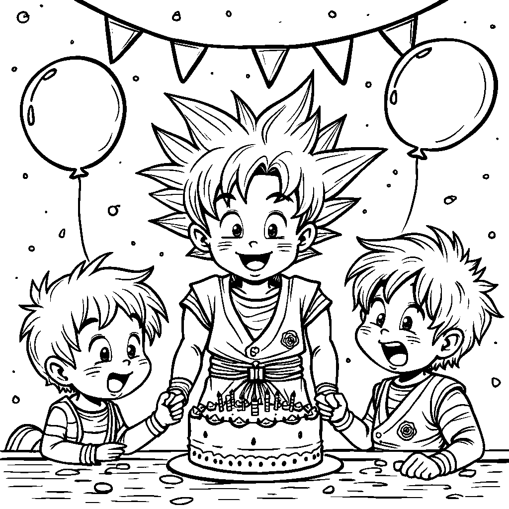 Goku themed birthday party with balloons and cake