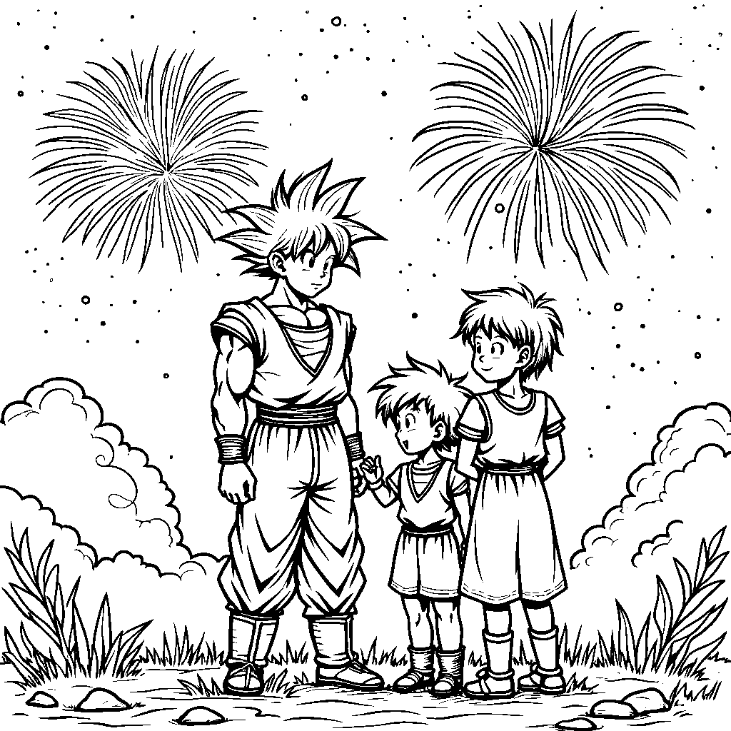 Goku watching fireworks with his family on a summer night